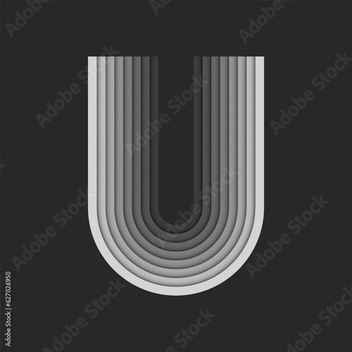 Bold letter U logo monogram initial, grey parallel stripes layers pattern, 3d paper cut style design template, identity typography logotype.