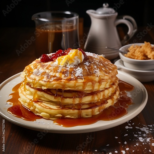Stack of pancakes with syrup, cream, jam and sugar next to eggs and hot beverage
