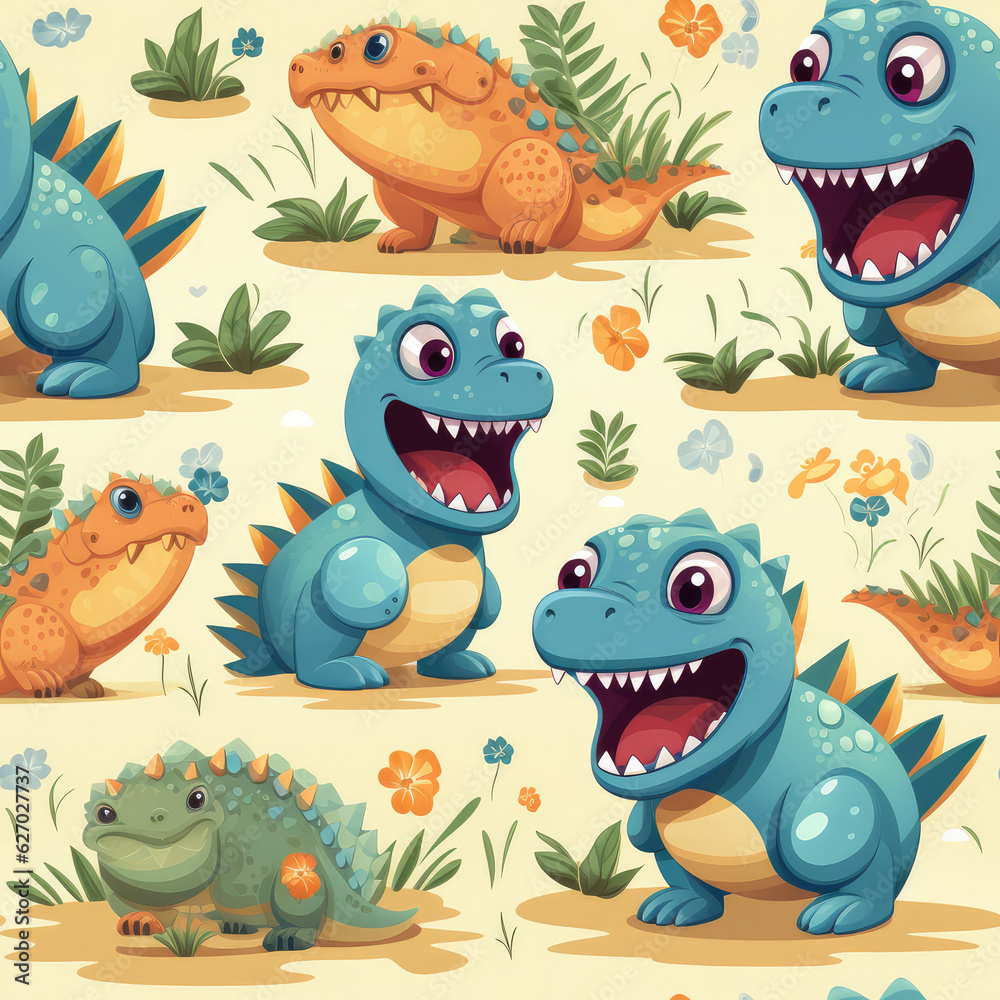 Obraz premium Cartoon dinosaurs childish seamless repeat pattern