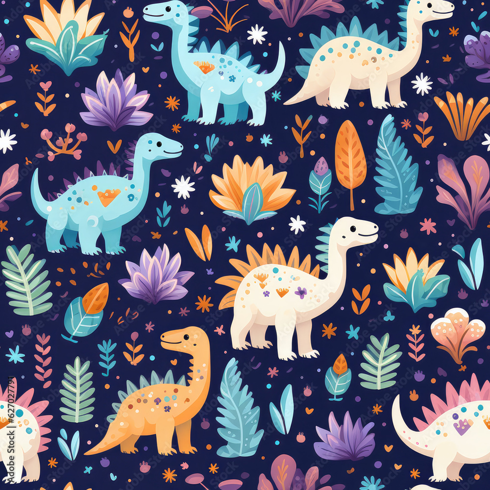 Cartoon dinosaurs childish seamless repeat pattern