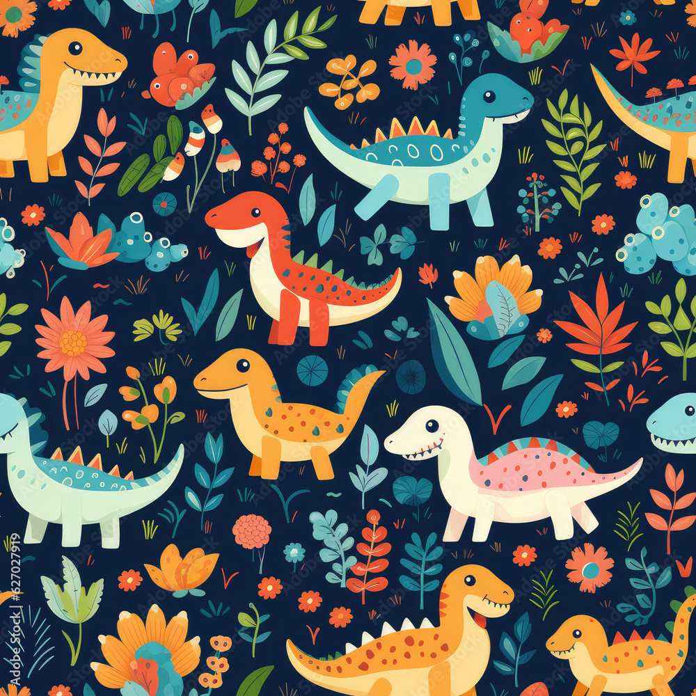 Naklejka premium Cartoon dinosaurs childish seamless repeat pattern