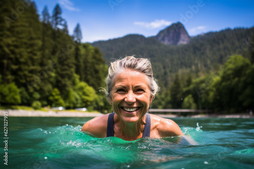 Older woman bathing in a lake, AI generated © Anti