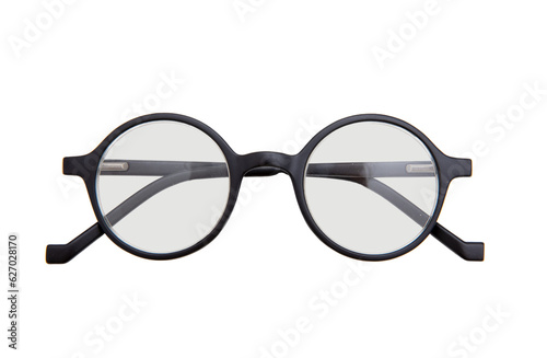 Black round frame eyeglasses, Myopia, presbyopia eye glasses isolated cutout on transparent background, PNG 