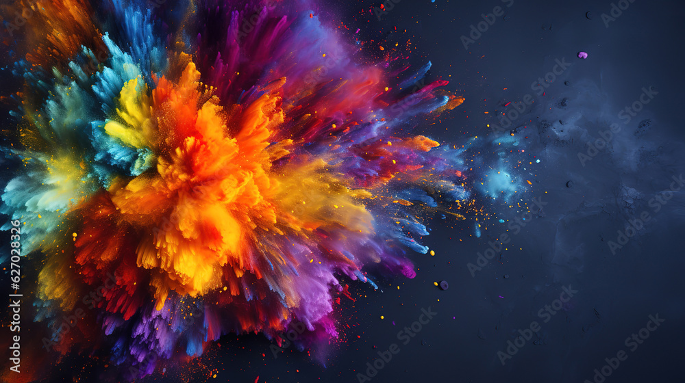 Elevated view of yellow circular frame covered with dry holi colors. Generative Ai Elevated view of yellow circular frame covered with dry holi colors. Generative Ai