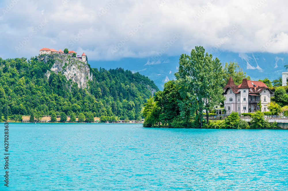 Naklejka premium A view across Lake Bled towards the castle in Bled, Slovenia in summertime