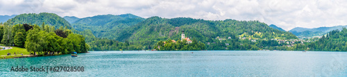 A panorama view towards the western shore of Lake Bled in Bled, Slovenia in summertime © Nicola