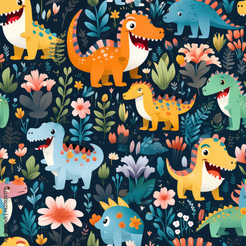 Cartoon dinosaurs childish seamless repeat pattern
