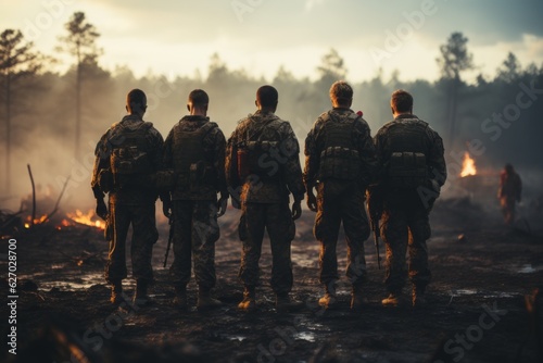 A group of marines standing shoulder to shoulder in unity, showcasing camaraderie and teamwork. Generative Ai
