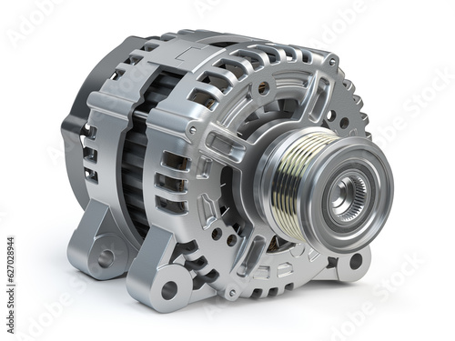 Automotive power generating alternator, generator isolated on white Car parts and car repair service.