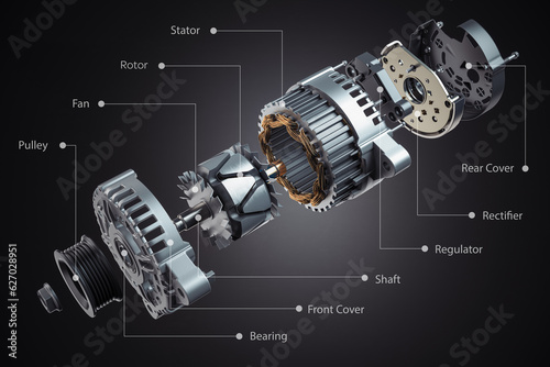 Structire and scheme of car alternator, generator on black. Structire and scheme. photo