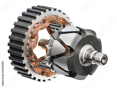Rotor and stator of car alternator generator or electric motor isolated on white.