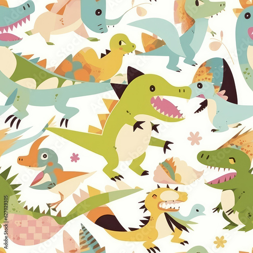 Cartoon dinosaurs childish seamless repeat pattern 