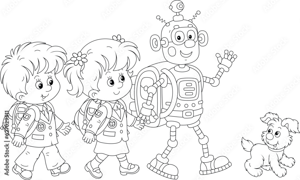 Little schoolchildren and a funny robot with schoolbags going to their school, black and white outline vector illustrations for a coloring book Little schoolchildren and a funny robot with schoolbags going to their school, black and white outline vector illustrations for a coloring book