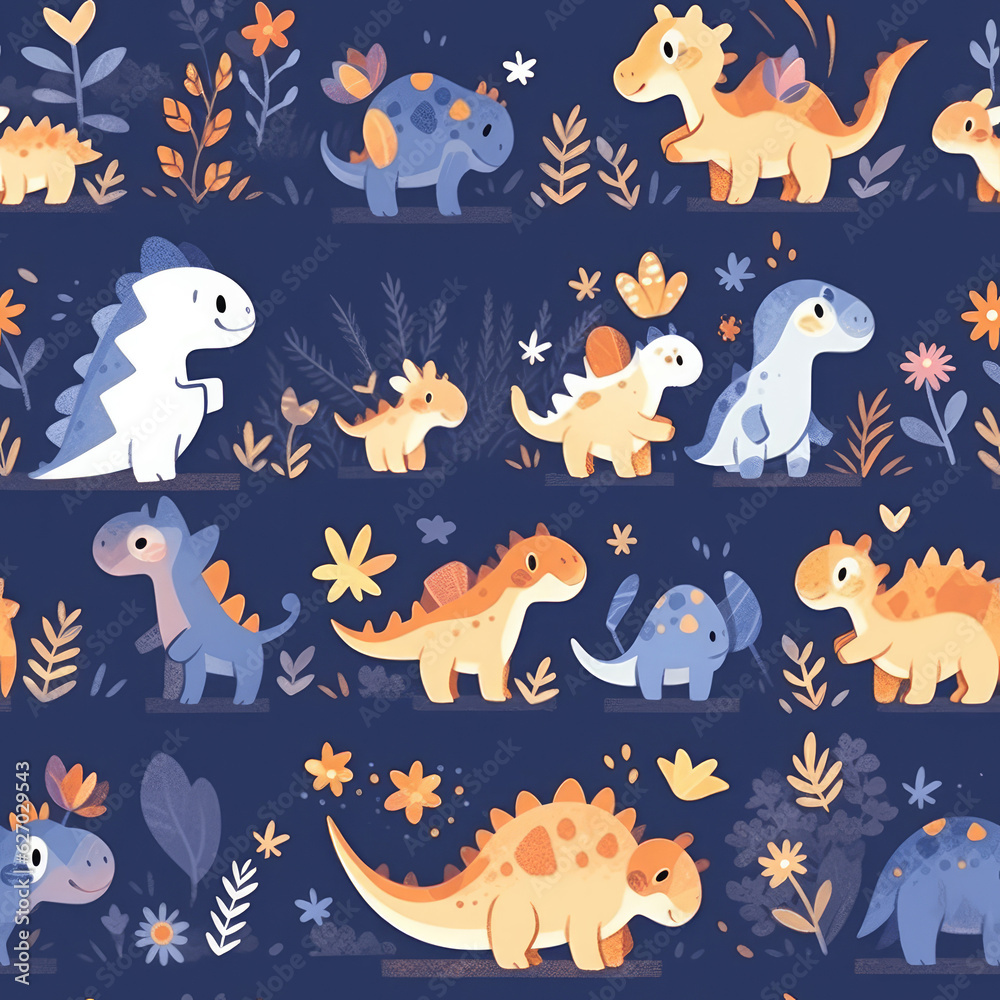 Fototapeta premium Cartoon dinosaurs childish seamless repeat pattern 