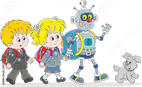 Little schoolchildren and a funny robot with schoolbags going to their school, vector cartoon illustration isolated on a white background