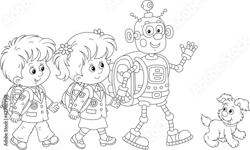 Little schoolchildren and a funny robot with schoolbags going to their school, black and white outline vector illustrations for a coloring book