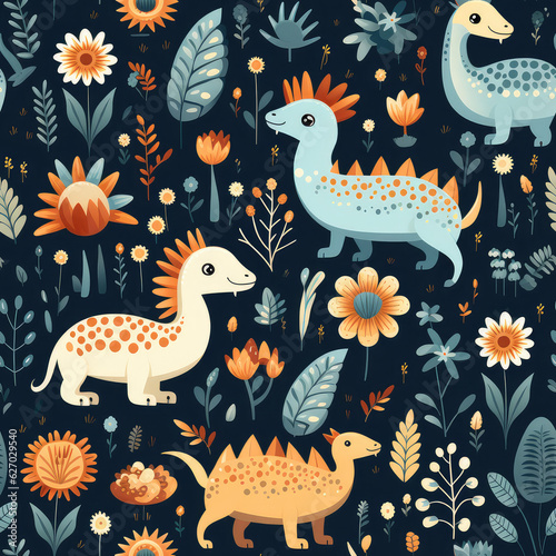 Cartoon dinosaurs childish seamless repeat pattern 