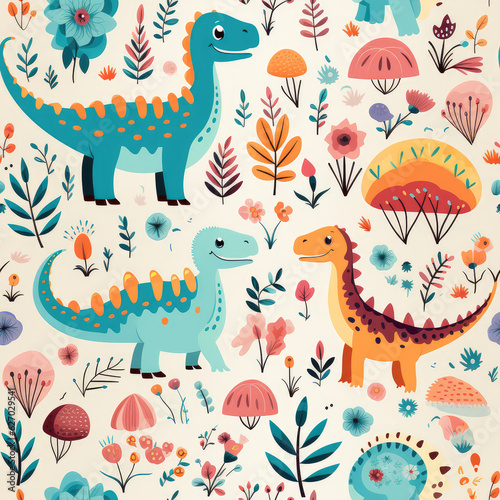 Cartoon dinosaurs childish seamless repeat pattern 