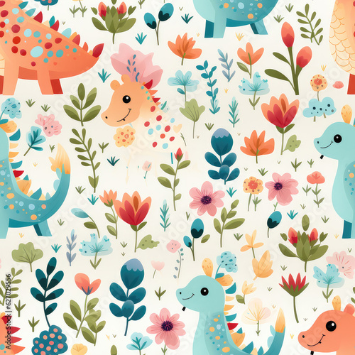 Cartoon dinosaurs childish seamless repeat pattern
