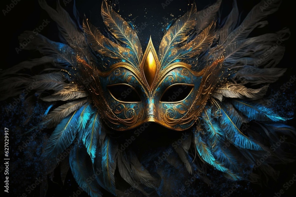 Ornate carnival mask with blue feathers, gold dust, and illuminating light effects. Generative AI