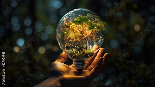 Earth day concept: Developer hand holding light bulb of growth tree nature. Generative Ai