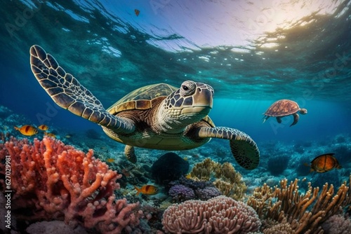 Swimming with a friendly sea turtle in clear blue waters of a tropical sea surrounded by beautiful coral reef species. Generative AI