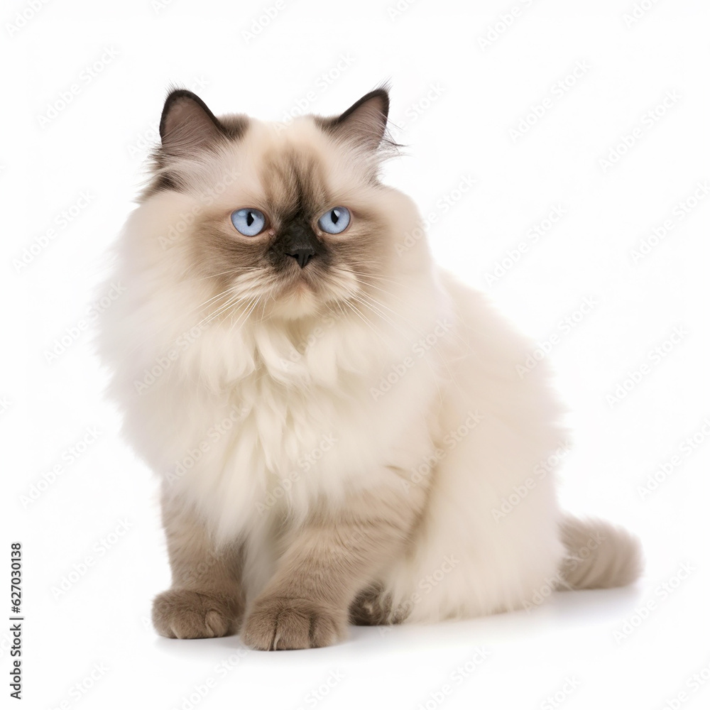 Cute Himalayan breed cat portrait close-up isolated on white, lovely pet, blue eyes