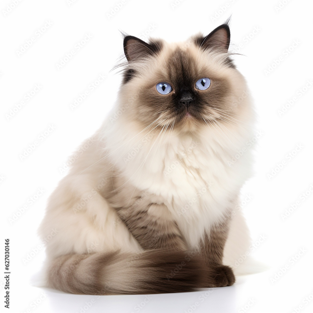 Cute Himalayan breed cat portrait close-up isolated on white, lovely pet, blue eyes