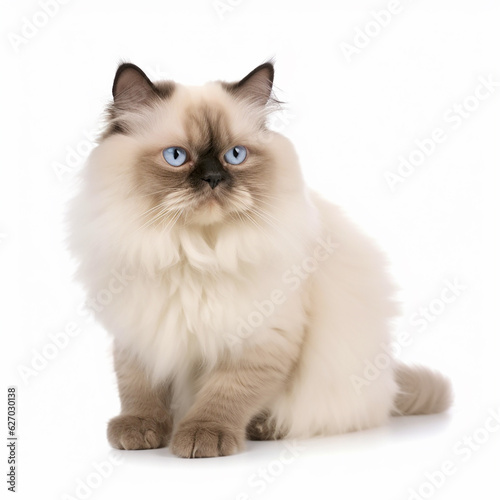 Cute Himalayan breed cat portrait close-up isolated on white, lovely pet, blue eyes