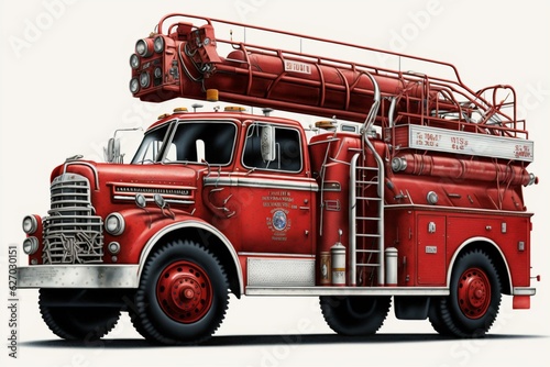 A red firetruck with a ladder and hose on a white background. Generative AI