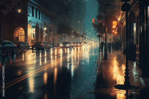 Nighttime city street with rain-soaked pavement and illuminated lights. Generative AI