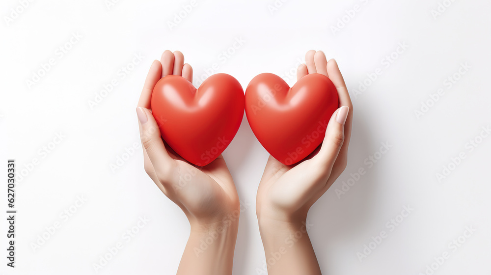 Hands with red hearts on white background, Bright color. Generative Ai Hands with red hearts on white background, Bright color. Generative Ai