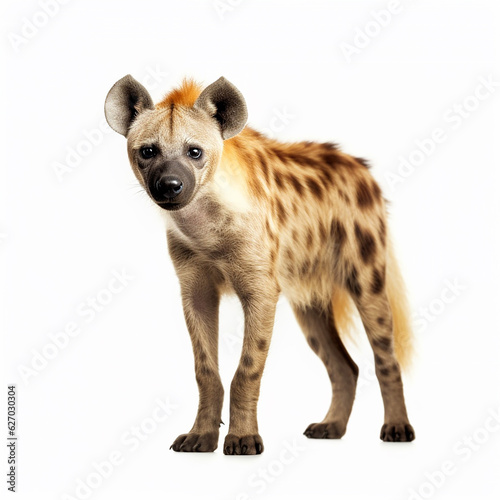 Spotted hyena Crocuta wild African predator, isolated on white portrait, close-up 