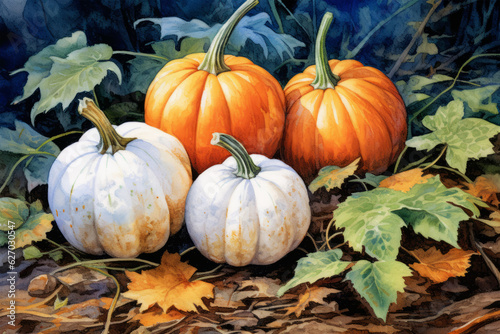 pumpkins on the ground watercolor illustration