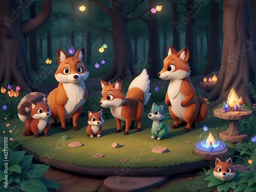 3D cartoon of fox family