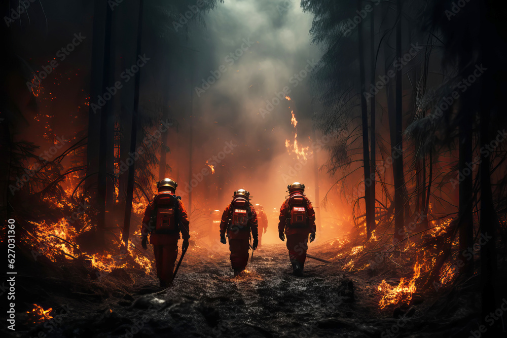 Heroic team of professional firefighters work in a blazing forest. Generative AI illustration