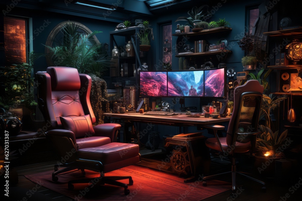 A sleek and modern gaming setup with a high-end PC, ultra-wide monitor, RGB lighting, and premium gaming peripherals. Generative Ai