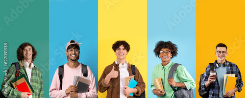 Multiracial group of guys students wearing backpacks and holding notepads