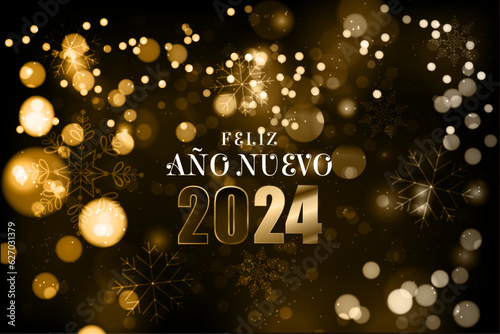 tarjeta o pancarta para desear un feliz año nuevo 2024 en oro, plata y negro sobre un fondo degradado negro con círculos dorados y plateados en efecto bokeh y copos de nieve