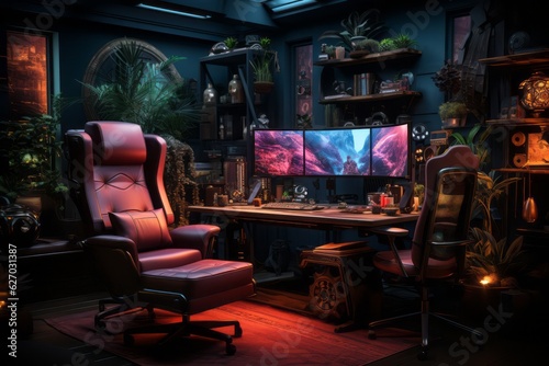 A sleek and modern gaming setup with a high-end PC, ultra-wide monitor, RGB lighting, and premium gaming peripherals. Generative Ai