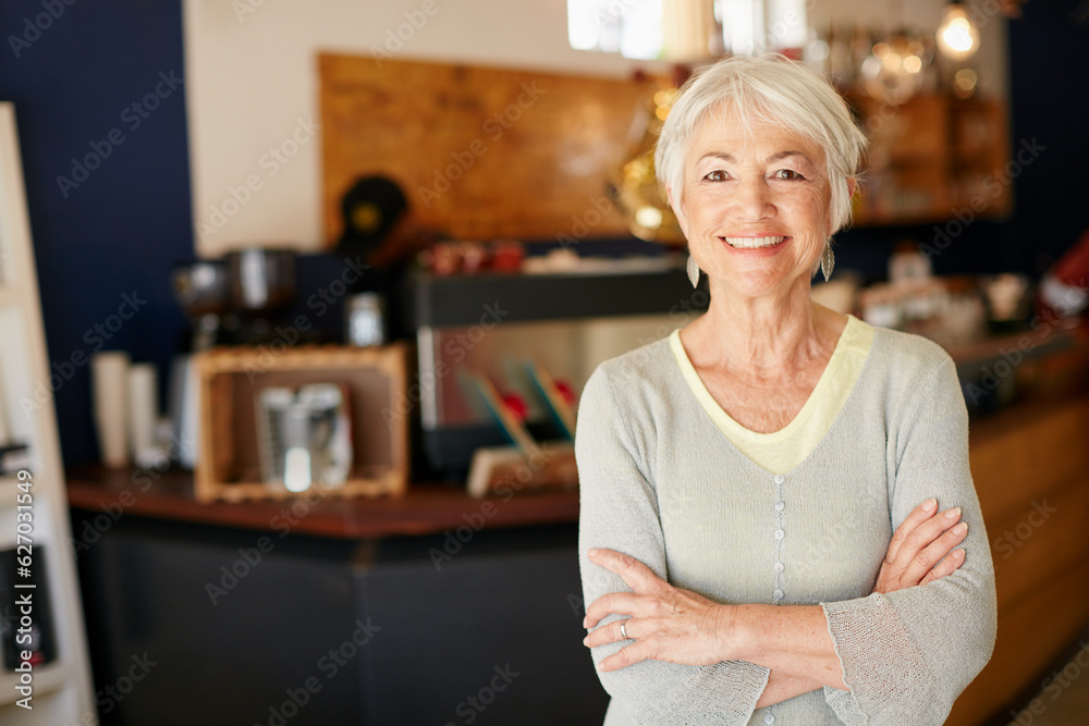 Elderly, woman and portrait with crossed arms work in coffee shop for retirement for a small business. Senior female, professional and cafe for investment is working in a store for with a smile. Elderly, woman and portrait with crossed arms work in coffee shop for retirement for a small business. Senior female, professional and cafe for investment is working in a store for with a smile.