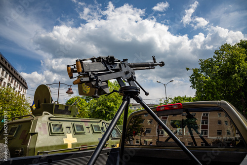 Drone hunters the war in Ukraine. Machine gun for shooting down kamikaze drones. Mobile group against air defense.