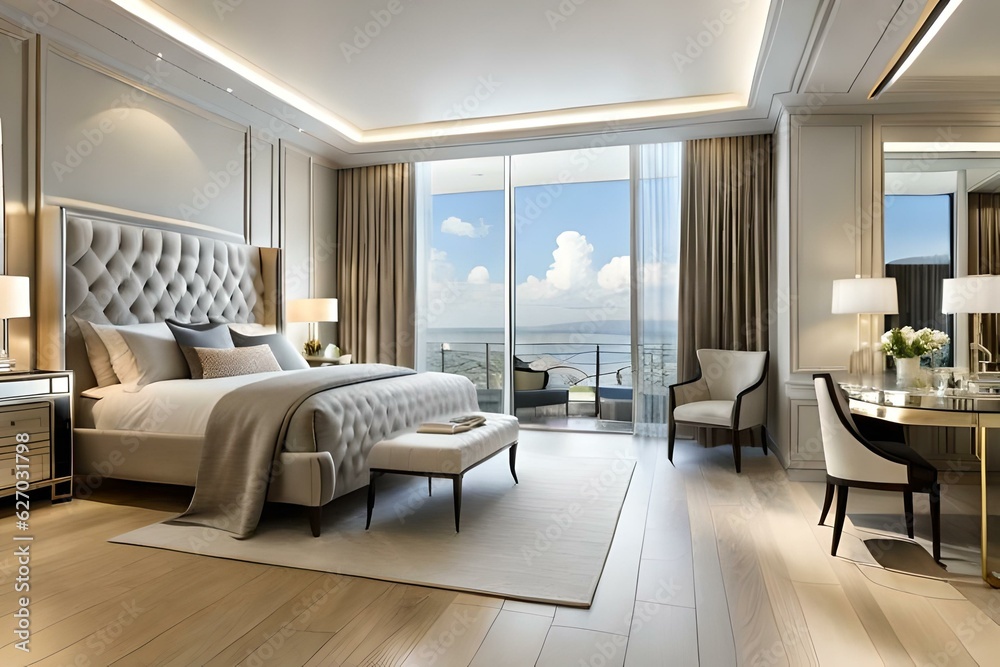 Fototapeta premium King-size bed with beige bed linen in adorable bedroom with luxury make up table