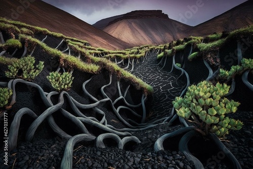 Vines cultivated in the volcanic terrain of Lanzarote in the Canary Islands. Generative AI photo