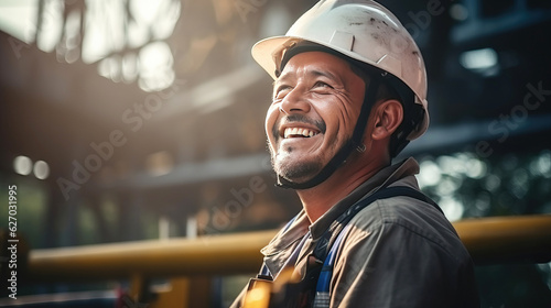smile of Engineer man Technician Workers on High Steel Platform, 