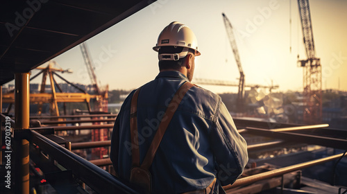 backside of Engineer man Technician Workers on High Steel Platform, 