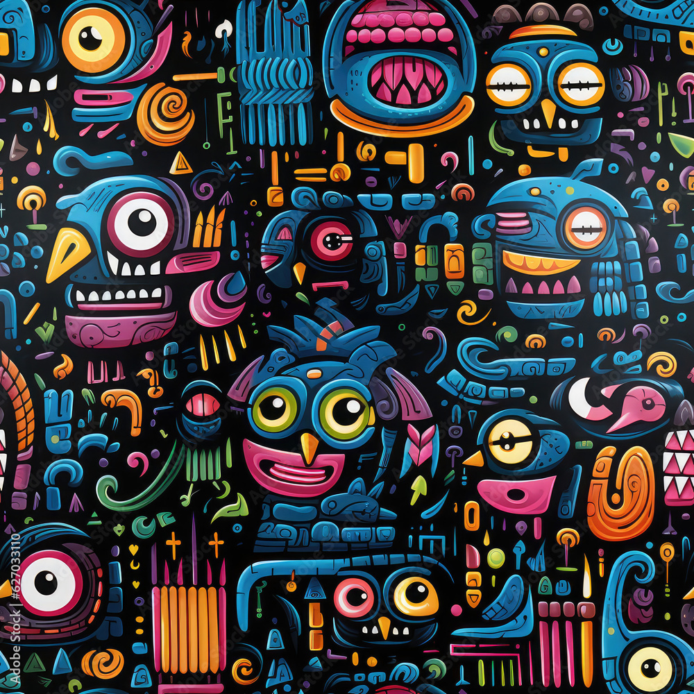 Graffiti art animal repeat pattern, colorful funky 
