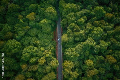 Overhead Perspective: A Road Surrounded by Lush Forests.