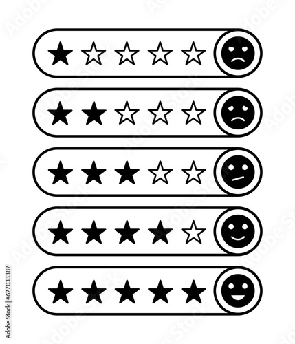 Feedback or satisfaction rating icon with smiley and stars set. Emotions scale with rating stars vector illustration. 5-star rating icon with emoji outline black.