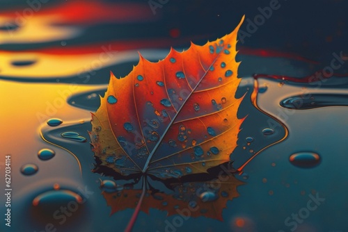 A leaf floating on water with droplets, surrounded by orange and yellow hues. A red and blue sky lies behind. Generative AI